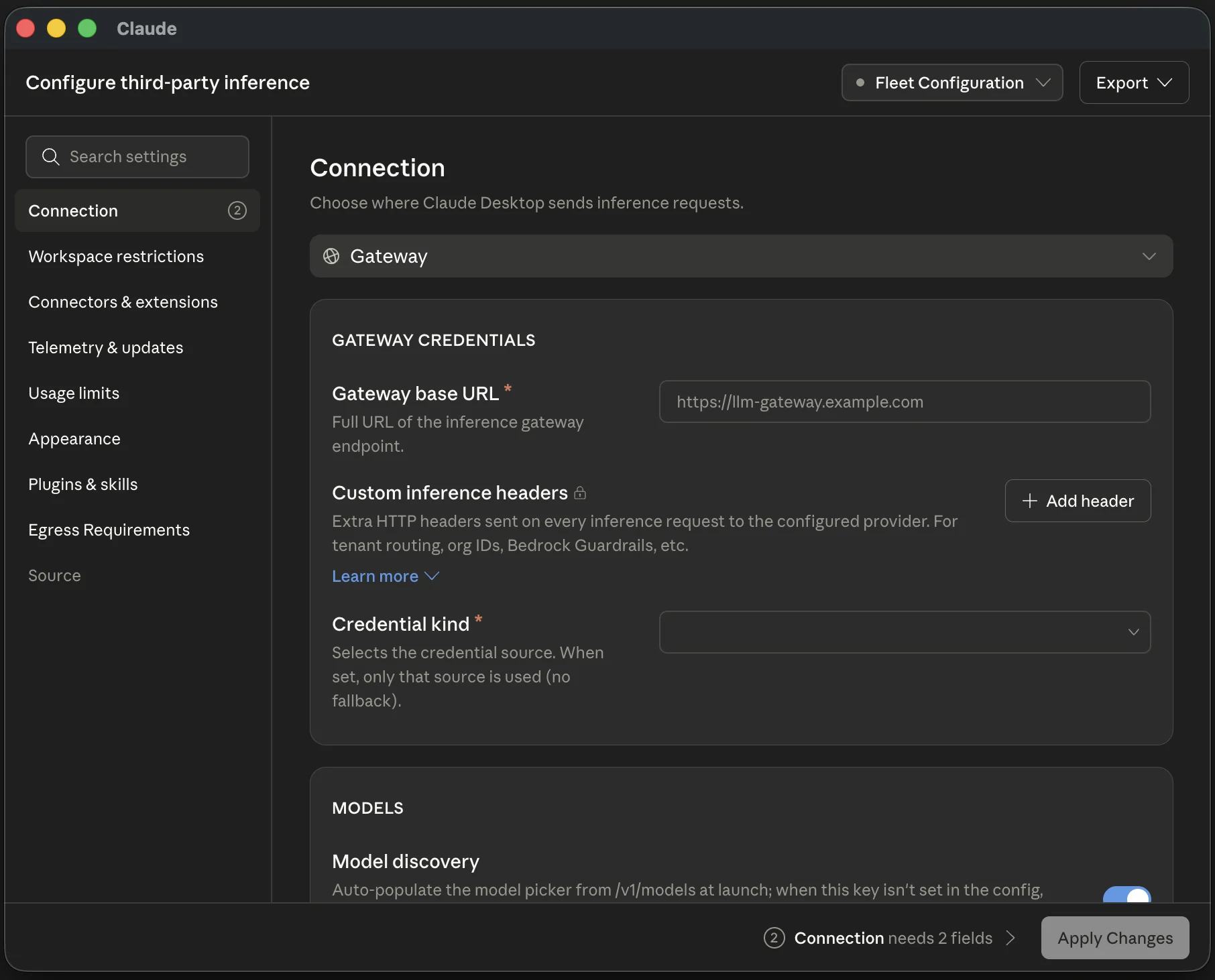 Claude Desktop's Configure third-party inference window with Gateway selected, showing the Gateway credentials card (Gateway base URL, Custom inference headers, Credential kind) and the Model discovery toggle under Models.